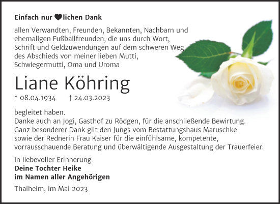 Traueranzeige von Liane Köhring von Trauerkombi Bitterfeld