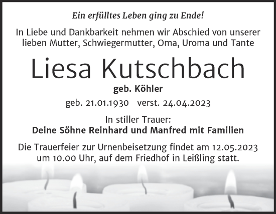 Traueranzeige von Liesa Kutschbach von Trauerkombi Weißenfels