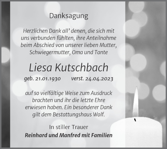 Traueranzeige von Liesa Kutschbach von Trauerkombi Weißenfels