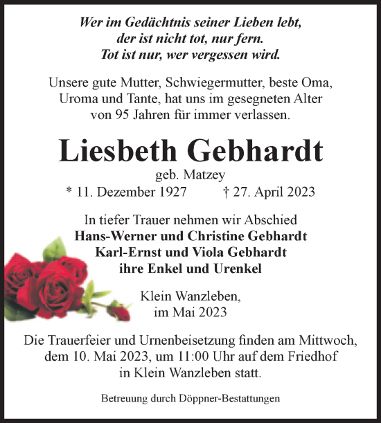 Traueranzeige von Liesbeth Gebhardt von Volksstimme Oschersleben/Wanzleben