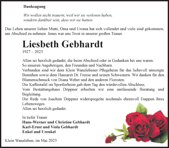 Traueranzeige von Liesbeth Gebhardt von Volksstimme Oschersleben/Wanzleben