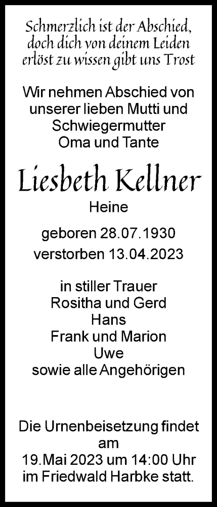 Traueranzeige von Liesbeth Kellner von Volksstimme Oschersleben/Wanzleben