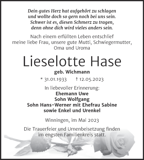 Traueranzeige von Lieselotte Hase von Trauerkombi Aschersleben