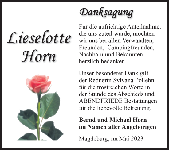 Traueranzeige von Lieselotte Horn von Volksstimme Magdeburg