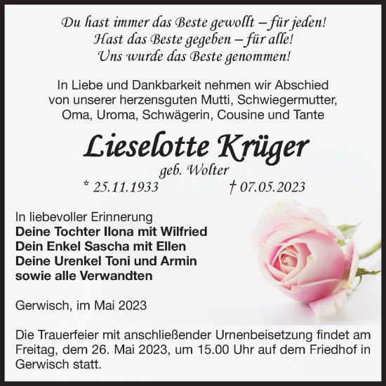 Traueranzeige von Lieselotte Krüger von Volksstimme Burg/Genthin