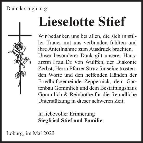 Traueranzeige von Lieselotte Stief von Volksstimme Zerbst