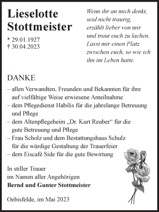 Traueranzeige von Lieselotte Stottmeister von Volksstimme Altmark West