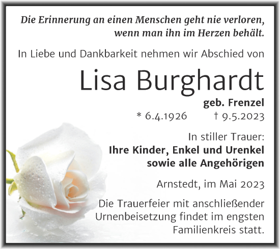 Traueranzeige von Lisa Burghardt von Trauerkombi Mansfelder Land