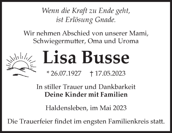 Traueranzeige von Lisa Busse von Volksstimme Haldensleben/Wolmirstedt