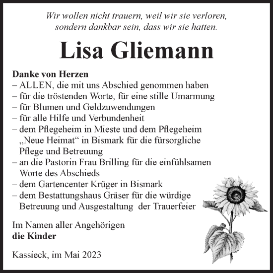 Traueranzeige von Lisa Gliemann von Volksstimme Altmark West