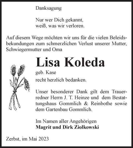 Traueranzeige von Lisa Koleda von Volksstimme Zerbst