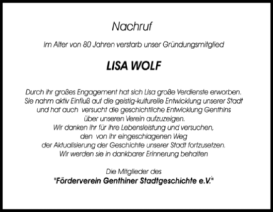Traueranzeige von Lisa Wolf von Volksstimme Burg/Genthin