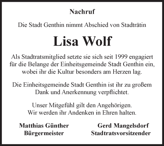 Traueranzeige von Lisa Wolf von Volksstimme Burg/Genthin