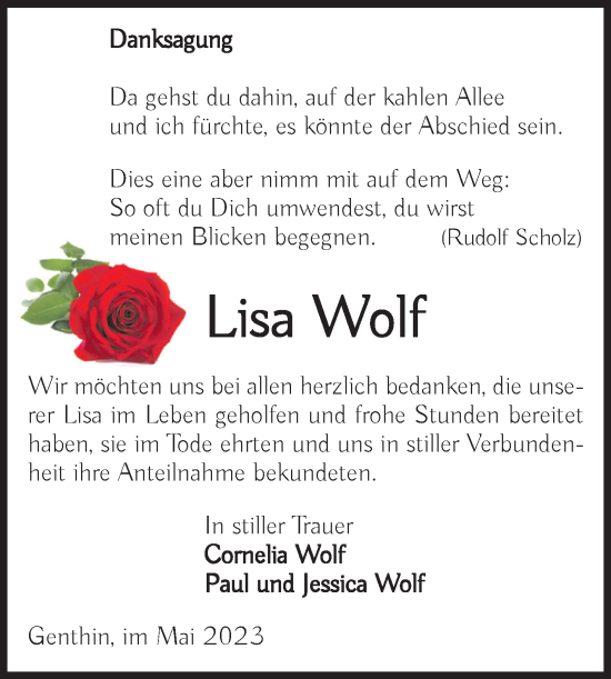 Traueranzeige von Lisa Wolf von Volksstimme Burg/Genthin