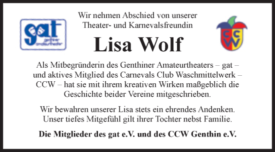 Traueranzeige von Lisa Wolf von Volksstimme Burg/Genthin