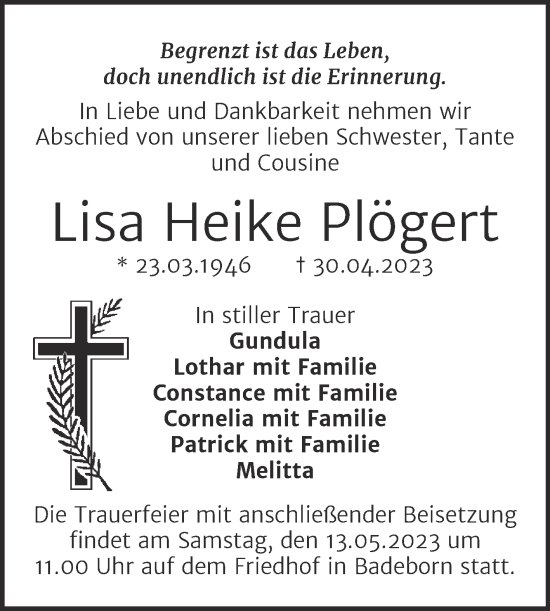 Traueranzeige von Lisa Heike Plögert von Trauerkombi Quedlinburg