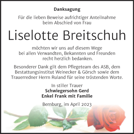 Traueranzeige von Liselotte Breitschuh von Trauerkombi Bernburg
