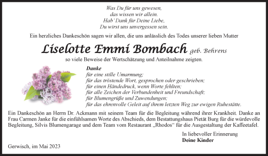 Traueranzeige von Liselotte Emmi Bombach von Volksstimme Burg/Genthin