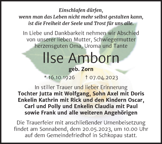 Traueranzeige von llse Amborn von Trauerkombi Merseburg