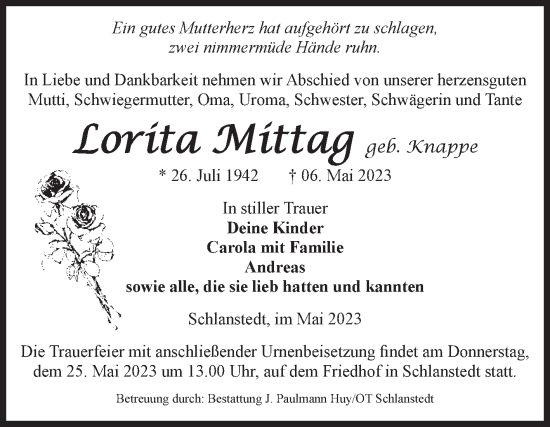 Traueranzeige von Lorita Mittag von Volksstimme Halberstadt