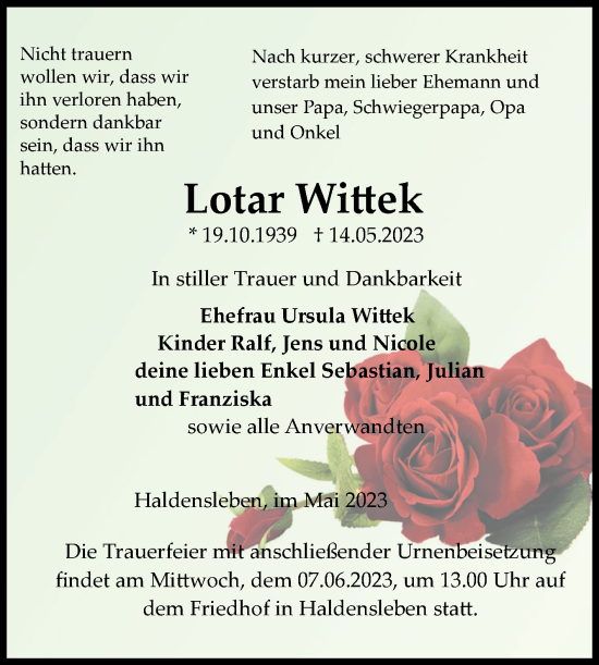 Traueranzeige von Lotar Wittek von Volksstimme Haldensleben/Wolmirstedt