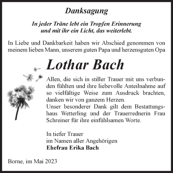 Traueranzeige von Lothar Bach von Volksstimme Staßfurt