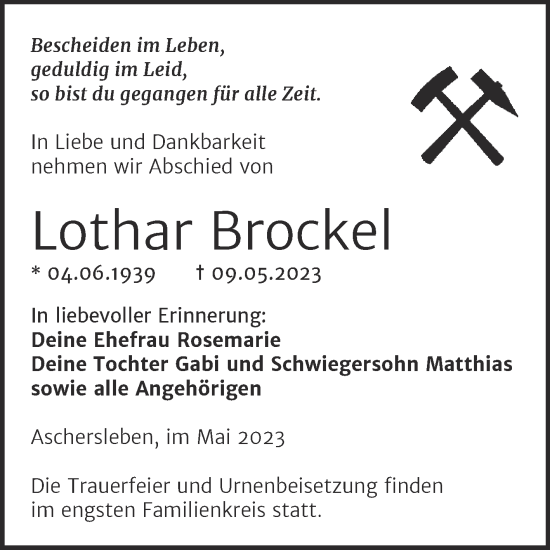 Traueranzeige von Lothar Brockel von Trauerkombi Aschersleben
