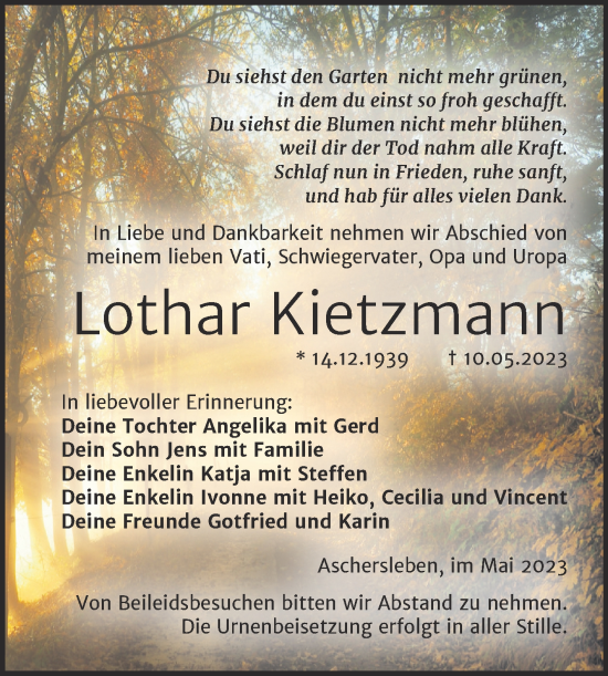 Traueranzeige von Lothar Kietzmann von Trauerkombi Aschersleben