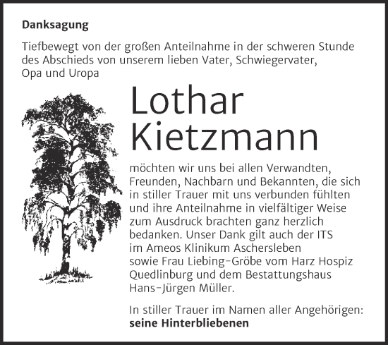 Traueranzeige von Lothar Kietzmann von Trauerkombi Aschersleben