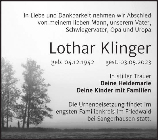 Traueranzeige von Lothar Klinger von Trauerkombi Sangerhausen