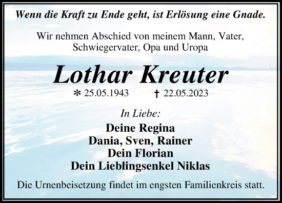 Traueranzeige von Lothar Kreuter von Trauerkombi Dessau