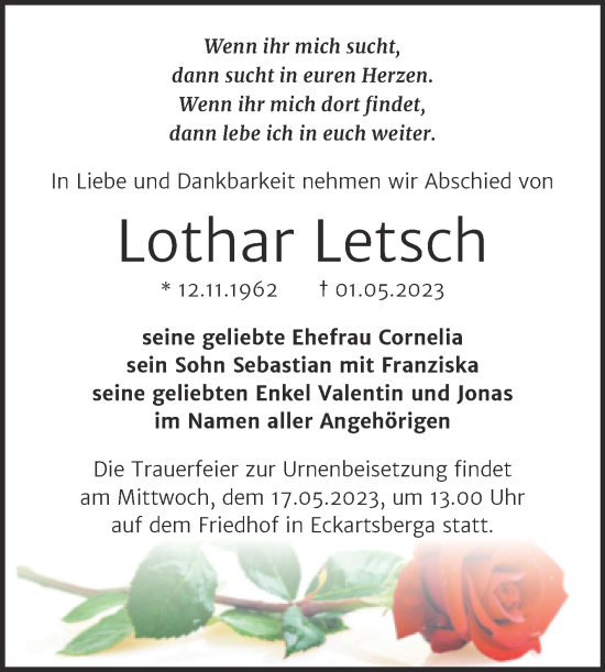 Traueranzeige von Lothar Letsch von Wochenspiegel Naumburg/Nebra