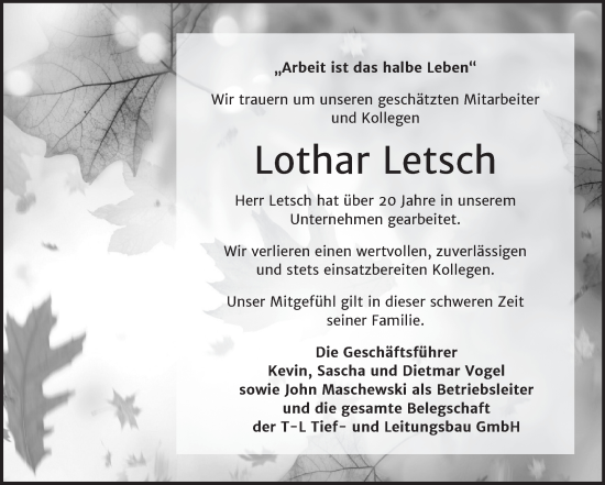 Traueranzeige von Lothar Letsch von Wochenspiegel Naumburg/Nebra