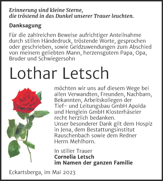 Traueranzeige von Lothar Letsch von Wochenspiegel Naumburg/Nebra