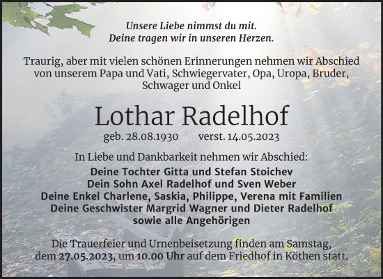Traueranzeige von Lothar Radelhof von Trauerkombi Köthen