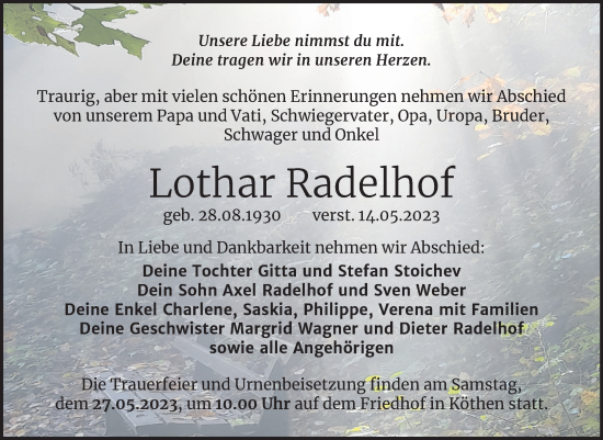 Traueranzeige von Lothar Radelhof von Volksstimme Altmark Ost