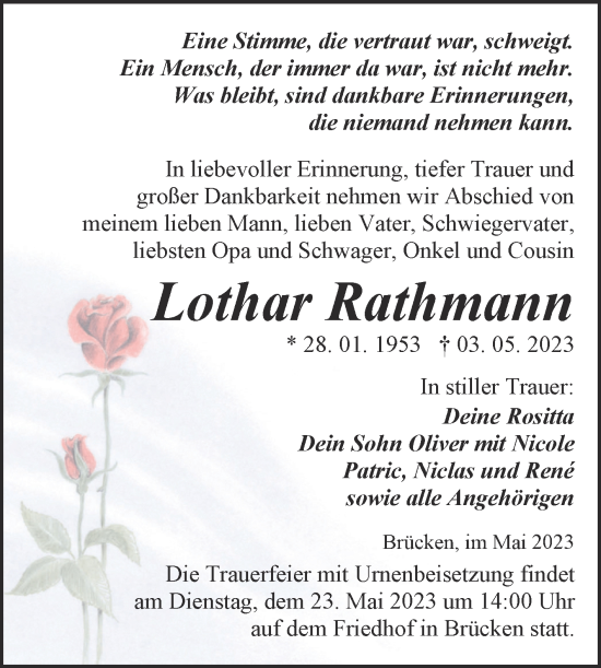 Traueranzeige von Lothar Rathmann von Trauerkombi Sangerhausen