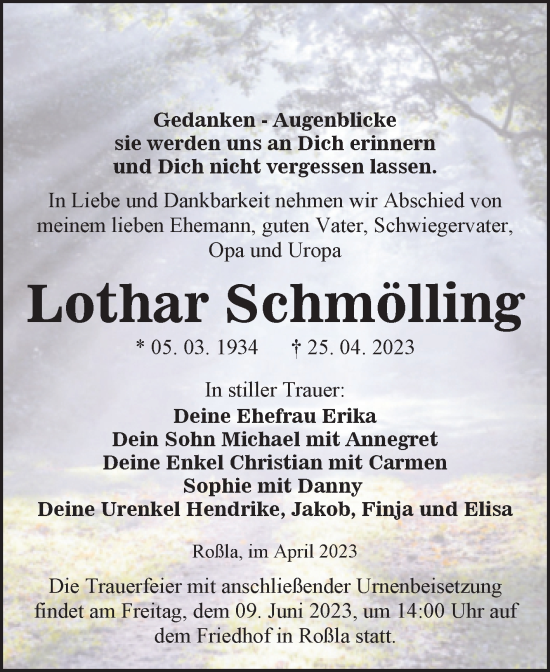 Traueranzeige von Lothar Schmölling von Trauerkombi Sangerhausen