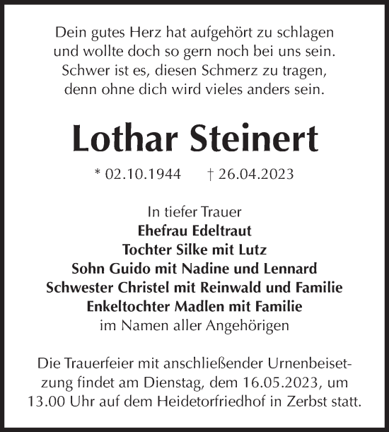 Traueranzeige von Lothar Steinert von Volksstimme Zerbst