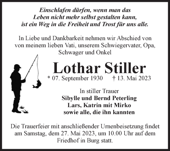 Traueranzeige von Lothar Stiller von Volksstimme Burg/Genthin