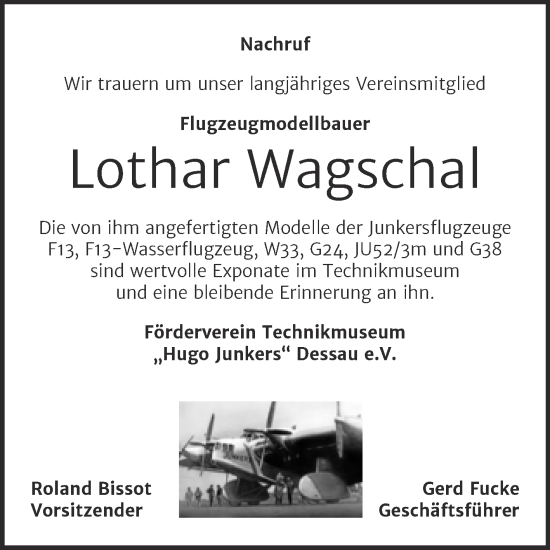 Traueranzeige von Lothar Wagschal von Mitteldeutsche Zeitung Dessau-Roßlau