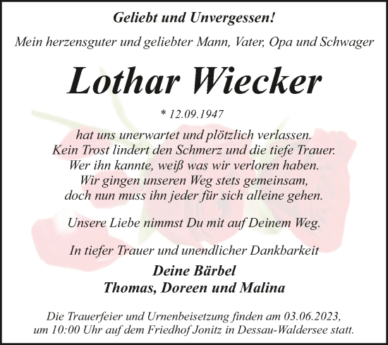 Traueranzeige von Lothar Wiecker von Trauerkombi Dessau