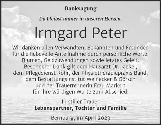 Traueranzeige von lrmgard Peter von Trauerkombi Bernburg