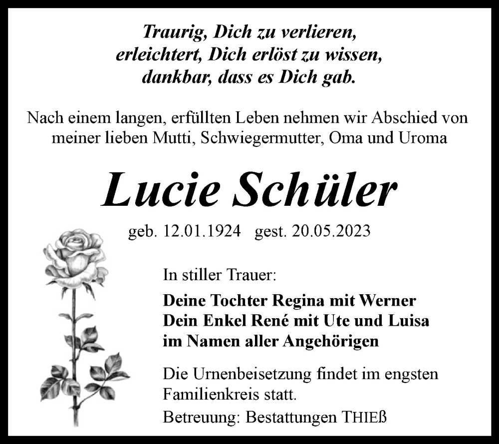  Traueranzeige für Lucie Schüler vom 27.05.2023 aus Volksstimme Wernigerode