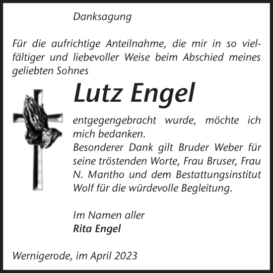 Traueranzeige von Lutz Engel von Volksstimme Wernigerode