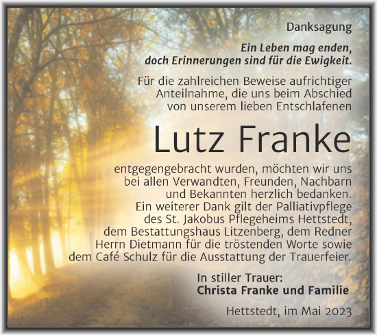 Traueranzeige von Lutz Franke von Trauerkombi Mansfelder Land