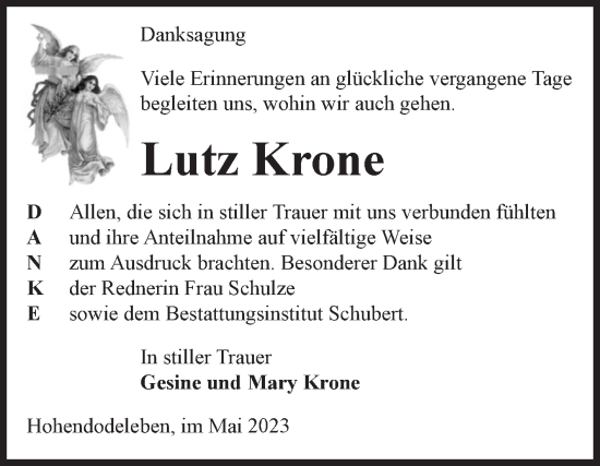 Traueranzeige von Lutz Krone von Volksstimme Oschersleben/Wanzleben