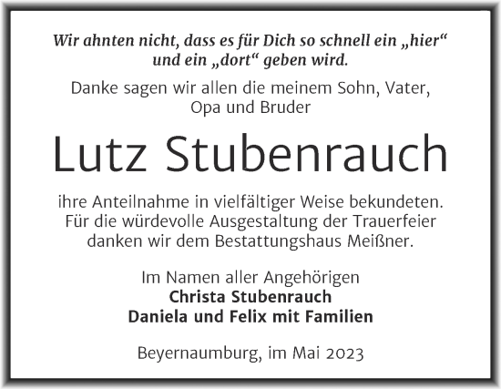 Traueranzeige von Lutz Stubenrauch von Trauerkombi Sangerhausen