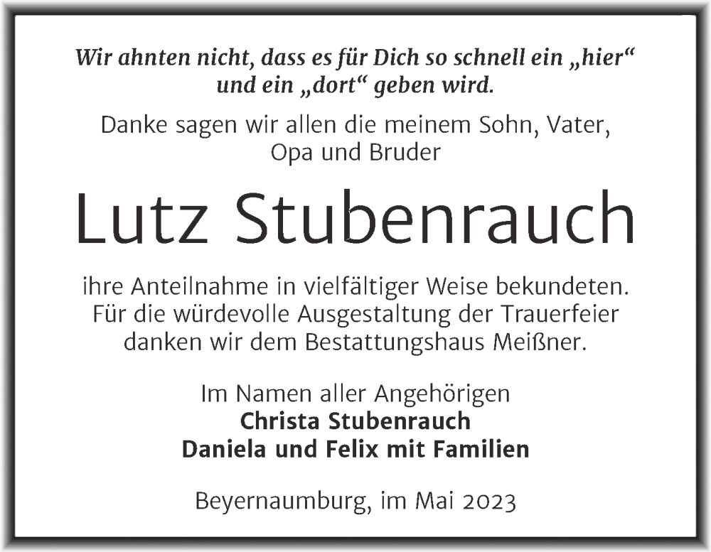  Traueranzeige für Lutz Stubenrauch vom 26.05.2023 aus Trauerkombi Sangerhausen