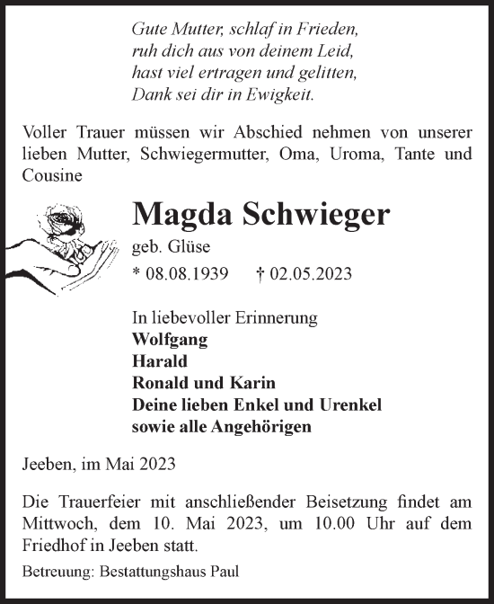 Traueranzeige von Magda Schwieger von Volksstimme Altmark West